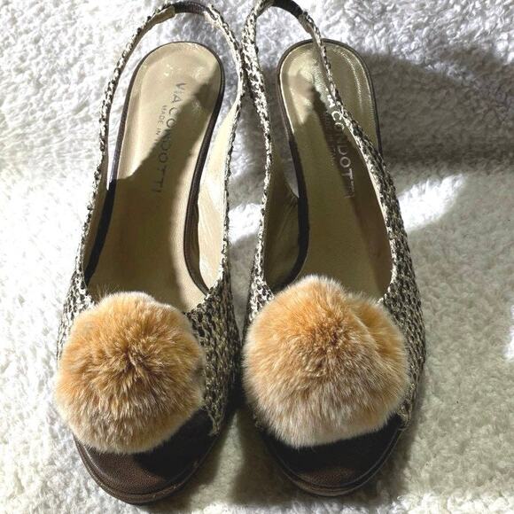 Via Condotti Women's Size 8.5 Slingback Heels Brown Tweed Peach Pompoms - Picture 12 of 12